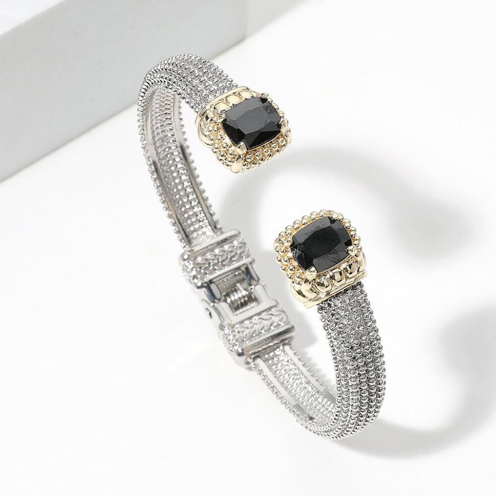 Black Rectangle CZ Stone Tip Hinged Cuff Bracelet